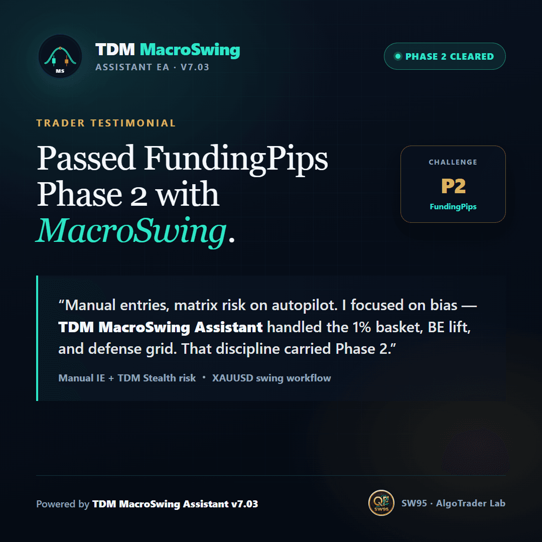 FundingPips Phase 2 testimonial poster featuring TDM MacroSwing Assistant
